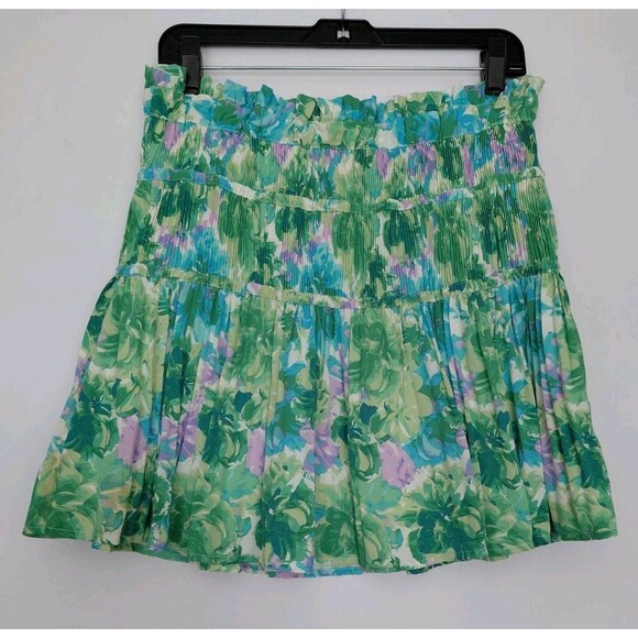 NWT Entro Kelly Green/Multicolor Banded Pleated Ruffle Mini Skirt Size L - Picture 1 of 9